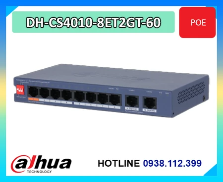 switch poe dahua dh-cs4010-8et2gt-60, switch poe 8 cổng dahua, switch poe quản lý cloud, switch poe 250m cho camera, switch poe dahua chính hãng