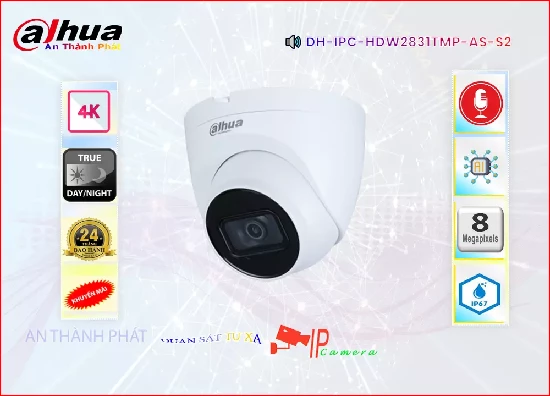  Camera Quan Sát DH-IPC-HDW2831TMP-AS-S2 Camera Dahua Thương Hiệu Uy Tín  Độ Phân Giải 8.0 MP Sử Dụng Công Nghệ IP Xem Ban Đêm Hồng Ngoại 30m Với Trang Bị Công Nghệ Hồng Ngoại Smart IR Thiết kế Kiểu Dome Kim Loại Với Chức Năng Thường Khả Chống Ngược Sáng DWDR Chất Lượng  Chíp xử lý hình ảnh CMOS phiên bản mới nhất  chuẩn nén H.265+/H.265/H.264+/H.264 lưu hình ảnh lâu hơn 