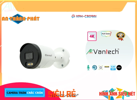 Camera IP VPH-C809AI Chất Lượng Hình Xem ban đêm Hồng Ngoại 25m Công Nghệ AI Có Màu Ban Ðêm CMOS H.265/H.264+/H.264 IP Lắp camera vị trí chống mưa nắng Thân Kim loại Có Màu Ban Ðêm Xem ban đêm rõ hơn Trang bị Cân Bịng Ánh Sáng BLC