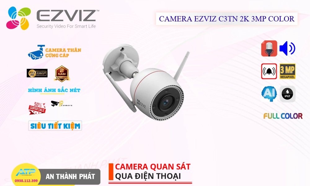 Camera Wifi Ezviz C3TN 2K 3MP Color Tiết Kiệm Camera Wifi Ezviz C3TN 2K 3MP Color Tiết Kiệm