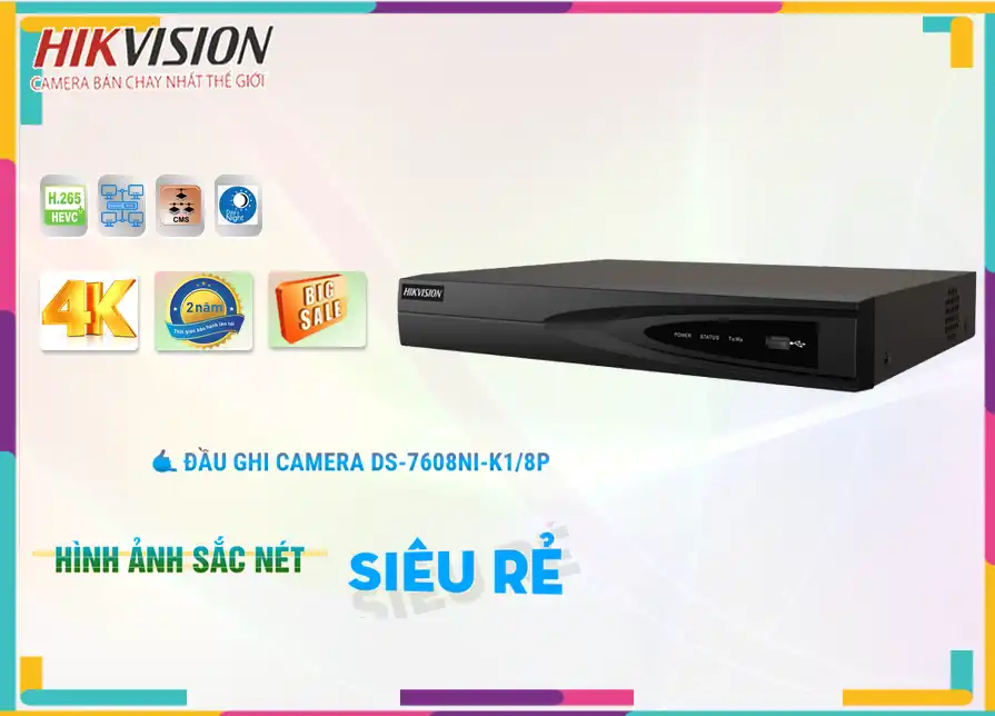 DS-7608NI-K1/8P sắc nét Hikvision DS-7608NI-K1/8P sắc nét Hikvision